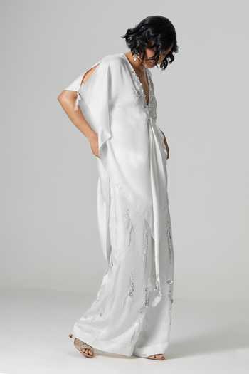 Dilnaz_Ivory Satin, Linen V-neck Eternal Embellished Trouser Set _at_Aza_Fashions