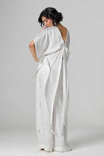 Dilnaz_Ivory Satin, Linen V-neck Eternal Embellished Trouser Set _Online_at_Aza_Fashions