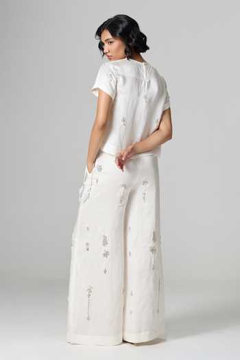 Shop_Dilnaz_Ivory Linen Round Neck Milky Way Embellished Trouser Set _at_Aza_Fashions