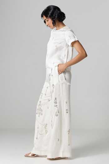 Dilnaz_Ivory Linen Round Neck Milky Way Embellished Trouser Set _Online_at_Aza_Fashions