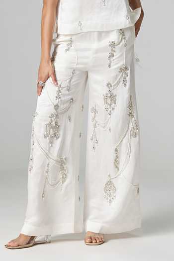 Buy_Dilnaz_Ivory Linen Round Neck Milky Way Embellished Trouser Set _Online_at_Aza_Fashions