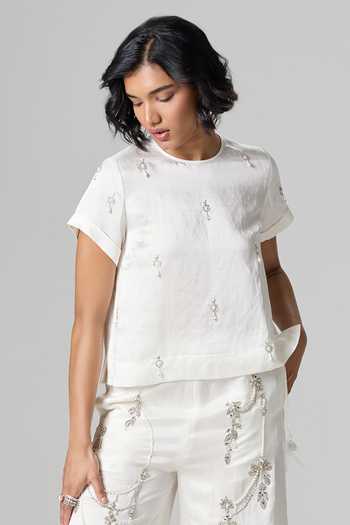 Shop_Dilnaz_Ivory Linen Round Neck Milky Way Embellished Trouser Set _Online_at_Aza_Fashions
