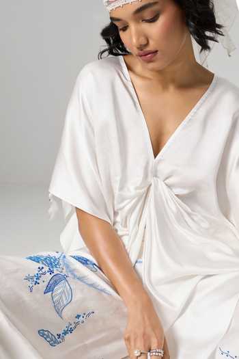 Dilnaz_Ivory Satin V-neck Pristine Draped Kaftan _Online_at_Aza_Fashions