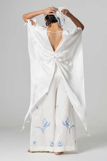Shop_Dilnaz_Ivory Satin V-neck Pristine Draped Kaftan _at_Aza_Fashions