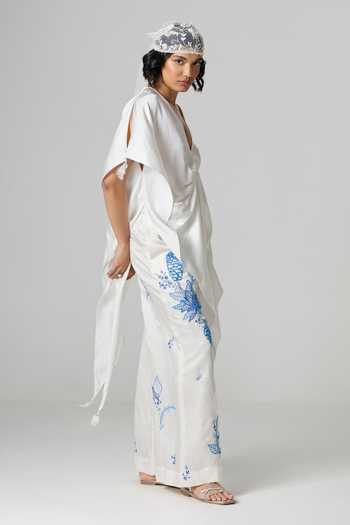 Buy_Dilnaz_Ivory Satin V-neck Pristine Draped Kaftan _Online_at_Aza_Fashions