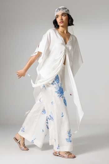 Shop_Dilnaz_Ivory Satin V-neck Pristine Draped Kaftan _Online_at_Aza_Fashions