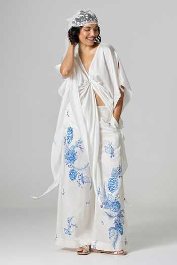 Buy_Dilnaz_Ivory Satin V-neck Pristine Draped Kaftan _at_Aza_Fashions
