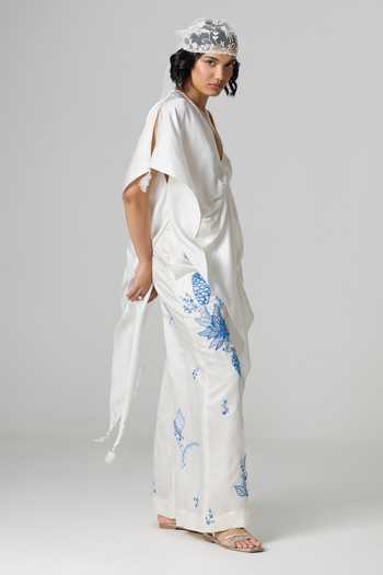 Buy_Dilnaz_Ivory Satin, Linen V-neck Greece Embellished Trouser Set _Online_at_Aza_Fashions