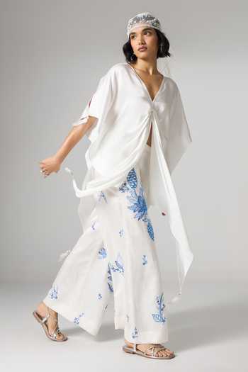 Shop_Dilnaz_Ivory Satin, Linen V-neck Greece Embellished Trouser Set _Online_at_Aza_Fashions