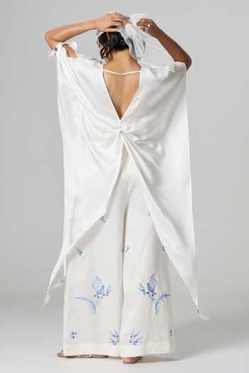 Dilnaz_Ivory Satin, Linen V-neck Greece Embellished Trouser Set _Online_at_Aza_Fashions