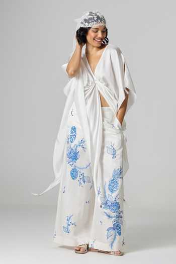 Buy_Dilnaz_Ivory Satin, Linen V-neck Greece Embellished Trouser Set _at_Aza_Fashions