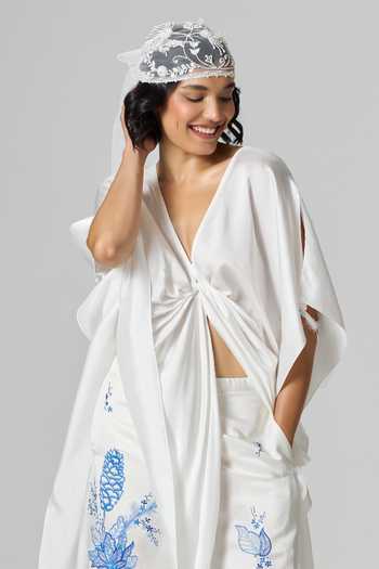 Dilnaz_Ivory Satin, Linen V-neck Greece Embellished Trouser Set _at_Aza_Fashions