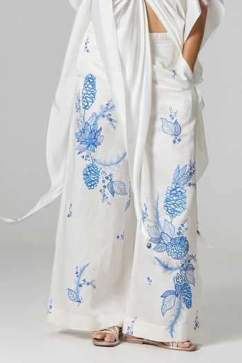 Buy_Dilnaz_Ivory Satin, Linen V-neck Greece Embellished Trouser Set 