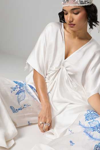 Shop_Dilnaz_Ivory Satin, Linen V-neck Greece Embellished Trouser Set 