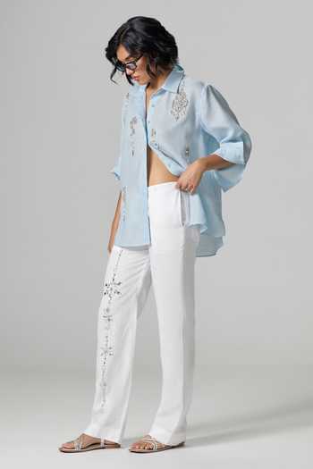 Buy_Dilnaz_Blue Linen Collared Neck Vegas Embellished Shirt _Online_at_Aza_Fashions