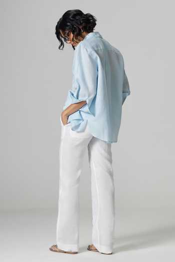 Dilnaz_Blue Linen Collared Neck Vegas Embellished Shirt _Online_at_Aza_Fashions