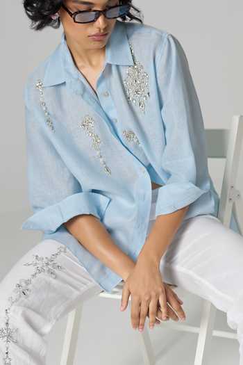 Shop_Dilnaz_Blue Linen Collared Neck Vegas Embellished Shirt _Online_at_Aza_Fashions