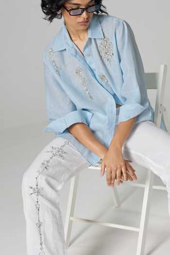 Buy_Dilnaz_White Linen Summer Embellished Trouser _Online_at_Aza_Fashions