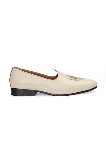 Domani_Cream Noor Crest Leather Slip On Loafers _Online_at_Aza_Fashions