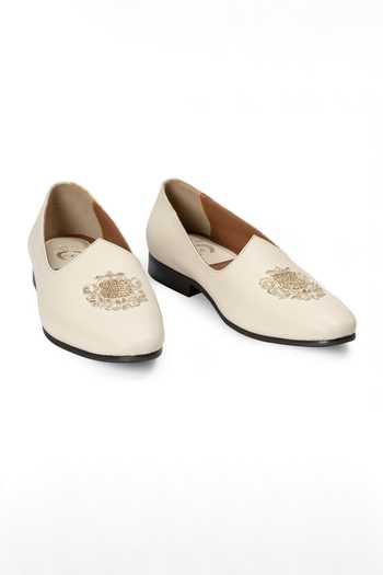 Buy_Domani_Cream Noor Crest Leather Slip On Loafers _Online_at_Aza_Fashions