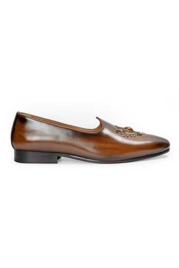 Domani_Brown Kesar Crest Patina Leather Slip-on Loafers _Online_at_Aza_Fashions