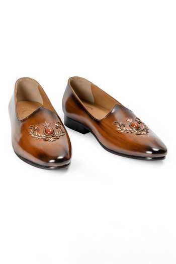 Buy_Domani_Brown Kesar Crest Patina Leather Slip-on Loafers _Online_at_Aza_Fashions
