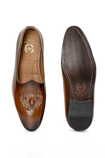 Shop_Domani_Brown Kesar Crest Patina Leather Slip-on Loafers _Online_at_Aza_Fashions