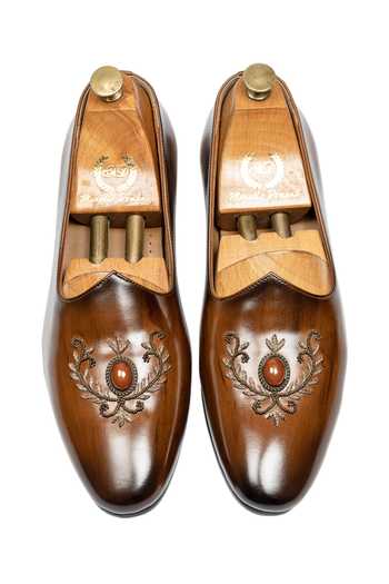 Shop_Domani_Brown Kesar Crest Patina Leather Slip-on Loafers _at_Aza_Fashions