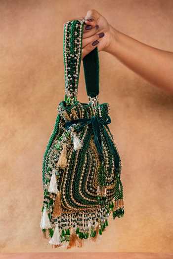 Nayaab By Sonia_Green Embroidery, Beads, Pearls, Tassels Baraq Potli _Online_at_Aza_Fashions
