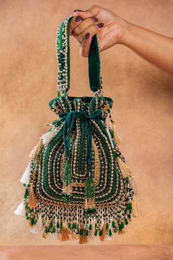 Shop_Nayaab By Sonia_Green Embroidery, Beads, Pearls, Tassels Baraq Potli _at_Aza_Fashions
