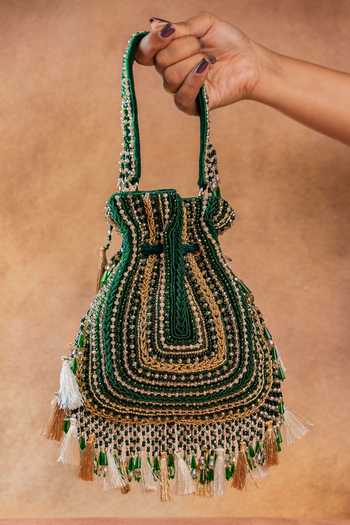 Buy_Nayaab By Sonia_Green Embroidery, Beads, Pearls, Tassels Baraq Potli _Online_at_Aza_Fashions