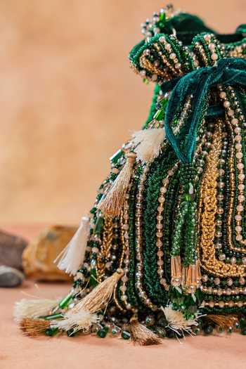 Shop_Nayaab By Sonia_Green Embroidery, Beads, Pearls, Tassels Baraq Potli _Online_at_Aza_Fashions