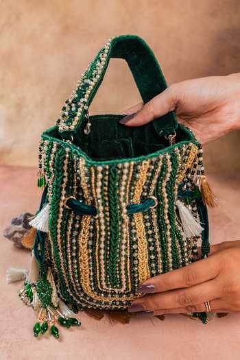 Nayaab By Sonia_Green Embroidery, Beads, Pearls, Tassels Baraq Potli _at_Aza_Fashions
