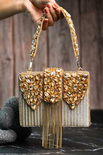 Buy_Nayaab By Sonia_Gold Diamond Hinted Kasse Plume Clutch Bag _at_Aza_Fashions