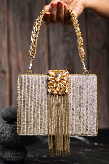 Shop_Nayaab By Sonia_Gold Diamond Hinted Kasse Plume Clutch Bag _at_Aza_Fashions