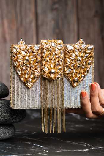 Buy_Nayaab By Sonia_Gold Diamond Hinted Kasse Plume Clutch Bag _Online_at_Aza_Fashions