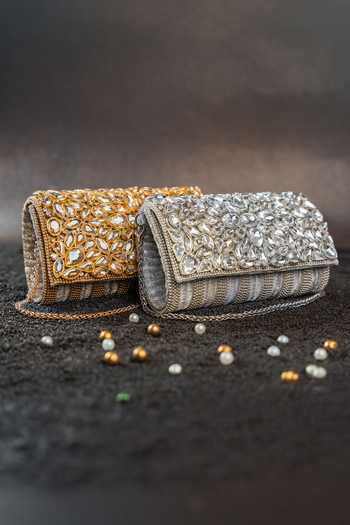 Nayaab By Sonia_Silver Diamond Hinted Trifold Clutch Bag _Online_at_Aza_Fashions