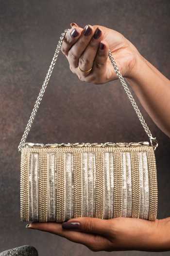 Shop_Nayaab By Sonia_Silver Diamond Hinted Trifold Clutch Bag _at_Aza_Fashions
