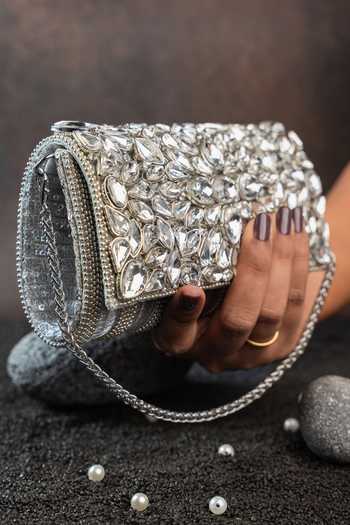 Buy_Nayaab By Sonia_Silver Diamond Hinted Trifold Clutch Bag _Online_at_Aza_Fashions