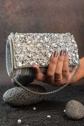 Shop_Nayaab By Sonia_Silver Diamond Hinted Trifold Clutch Bag _Online_at_Aza_Fashions