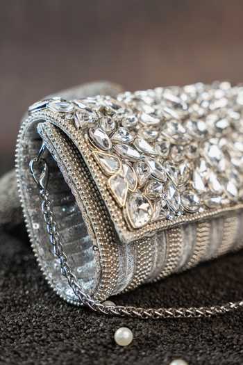 Nayaab By Sonia_Silver Diamond Hinted Trifold Clutch Bag _at_Aza_Fashions