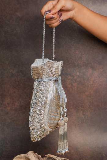 Nayaab By Sonia_Silver Beads, Crystals, Tassels Hinted Diamond Royal Potli Bag _Online_at_Aza_Fashions