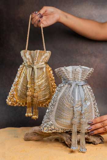 Buy_Nayaab By Sonia_Silver Beads, Crystals, Tassels Hinted Diamond Royal Potli Bag _Online_at_Aza_Fashions