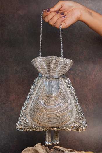 Shop_Nayaab By Sonia_Silver Beads, Crystals, Tassels Hinted Diamond Royal Potli Bag _Online_at_Aza_Fashions