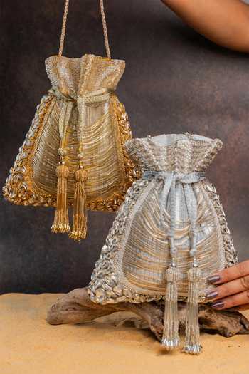 Nayaab By Sonia_Silver Beads, Crystals, Tassels Hinted Diamond Royal Potli Bag _at_Aza_Fashions