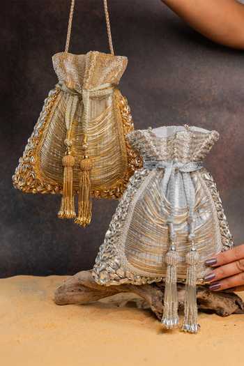 Buy_Nayaab By Sonia_Silver Beads, Crystals, Tassels Hinted Diamond Royal Potli Bag 
