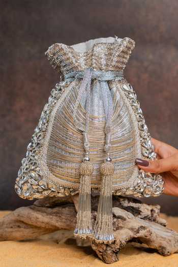 Shop_Nayaab By Sonia_Silver Beads, Crystals, Tassels Hinted Diamond Royal Potli Bag _at_Aza_Fashions