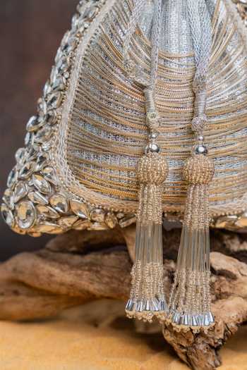 Shop_Nayaab By Sonia_Silver Beads, Crystals, Tassels Hinted Diamond Royal Potli Bag 