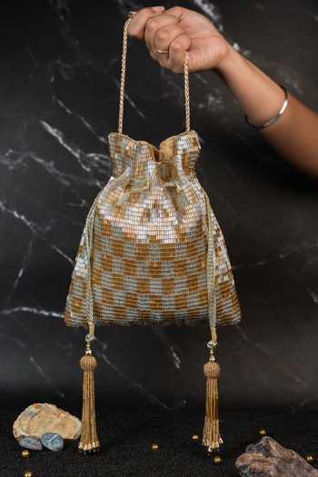 Shop_Nayaab By Sonia_Gold Beads, Tassels Shades Of Potli Bag _at_Aza_Fashions