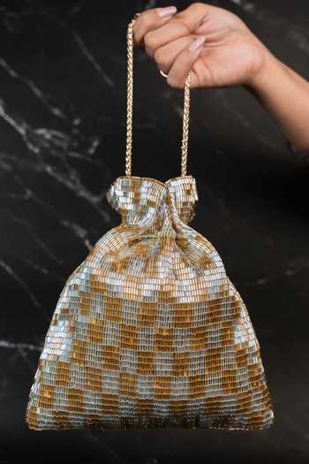 Shop_Nayaab By Sonia_Gold Beads, Tassels Shades Of Potli Bag _Online_at_Aza_Fashions